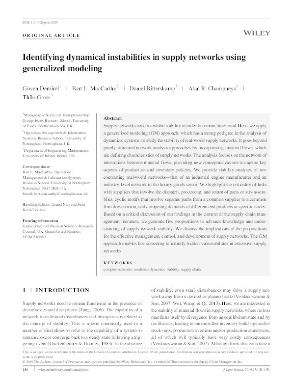 Identifying dynamical instabilities in supply networks using Generalized Modeling Thumbnail