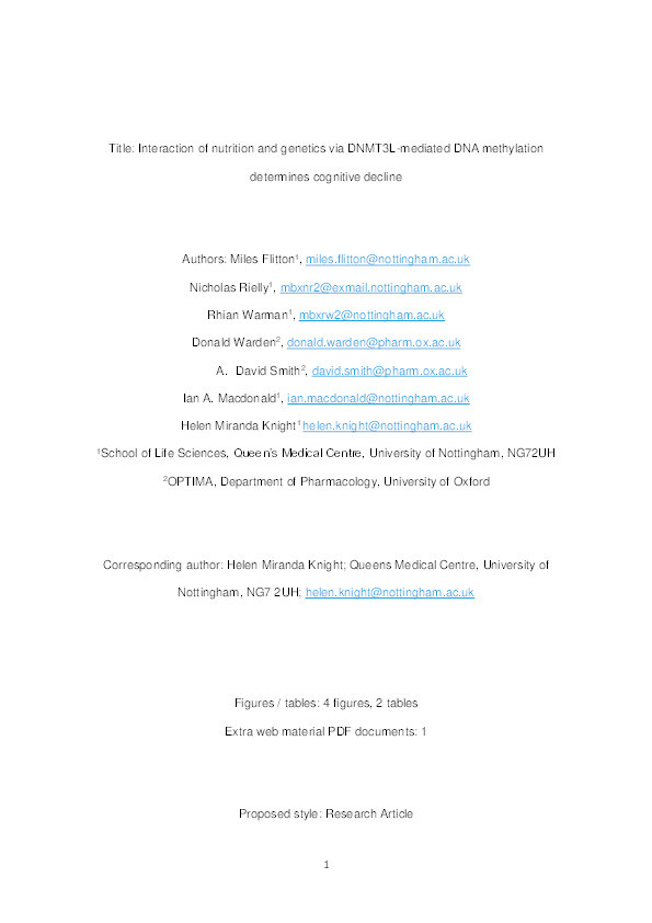 Interaction of nutrition and genetics via DNMT3L-mediated DNA methylation determines cognitive decline Thumbnail