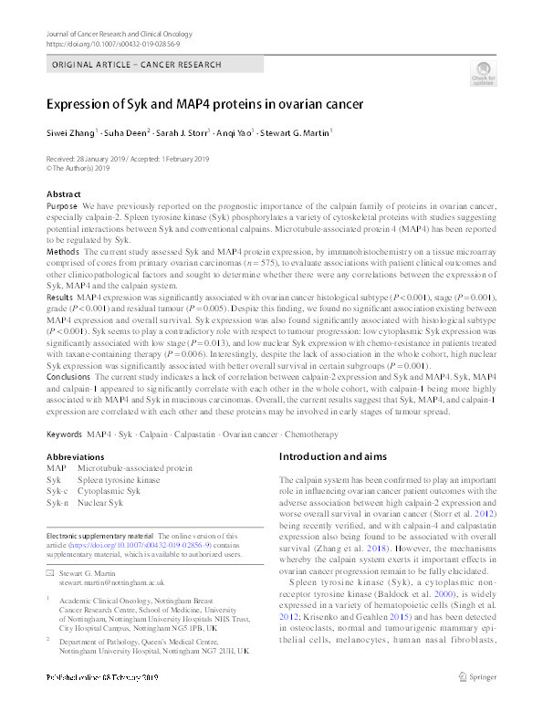 Expression of Syk and MAP4 proteins in ovarian cancer Thumbnail