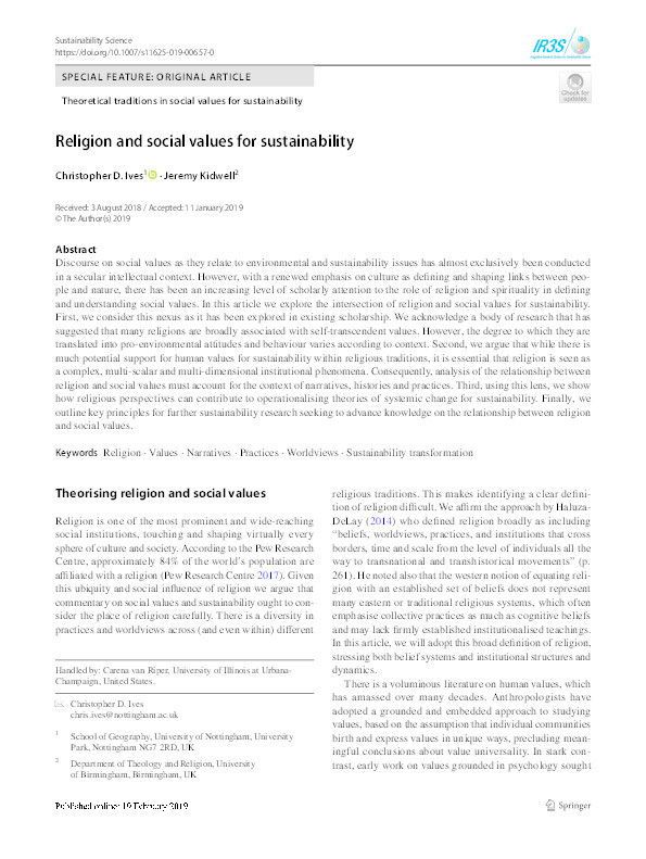Religion and social values for sustainability Thumbnail