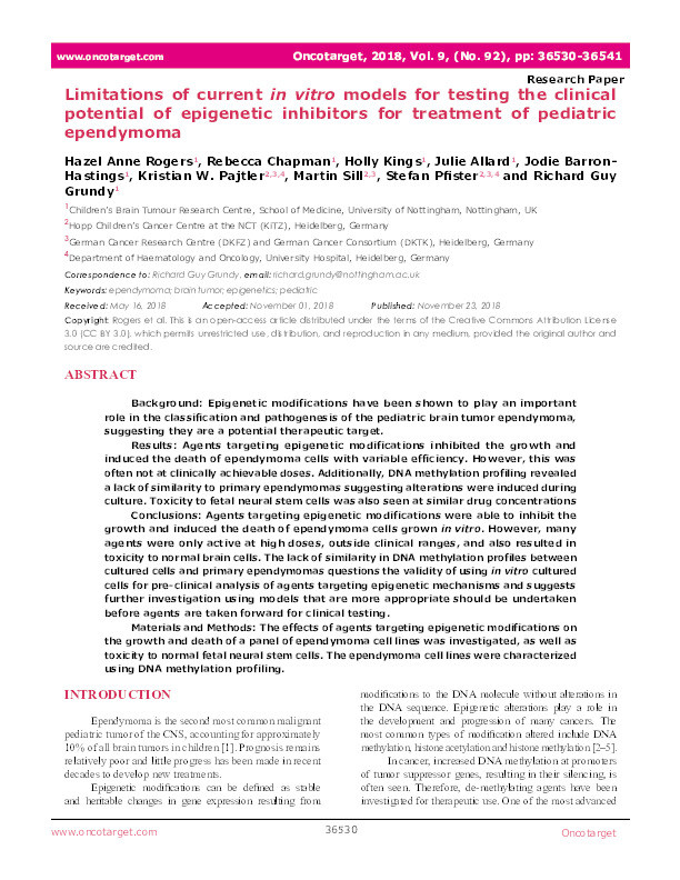 Limitations of current in vitro models for testing the clinical potential of epigenetic inhibitors for treatment of pediatric ependymoma Thumbnail