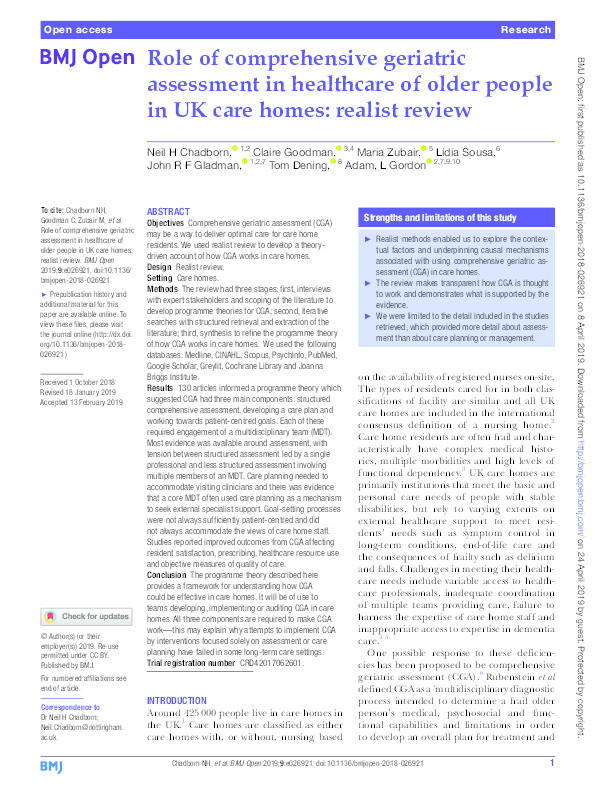 Role of comprehensive geriatric assessment in healthcare of older people in UK care homes: realist review Thumbnail