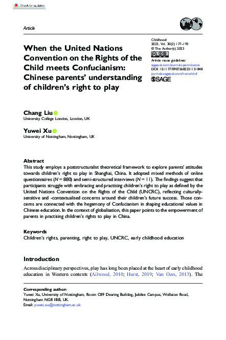 When the United Nations Convention on the Rights of the Child meets Confucianism: Chinese parents' understanding of children’s right to play Thumbnail