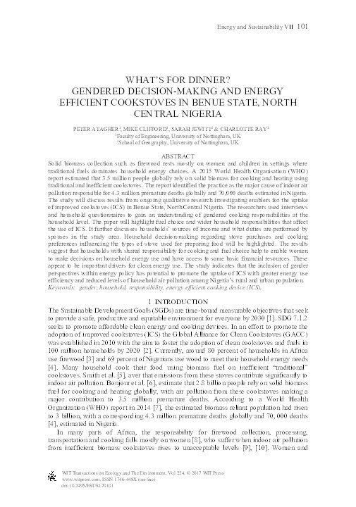 What's for dinner? Gendered decision-making and energy efficient cookstoves in Benue State, North Central Nigeria Thumbnail