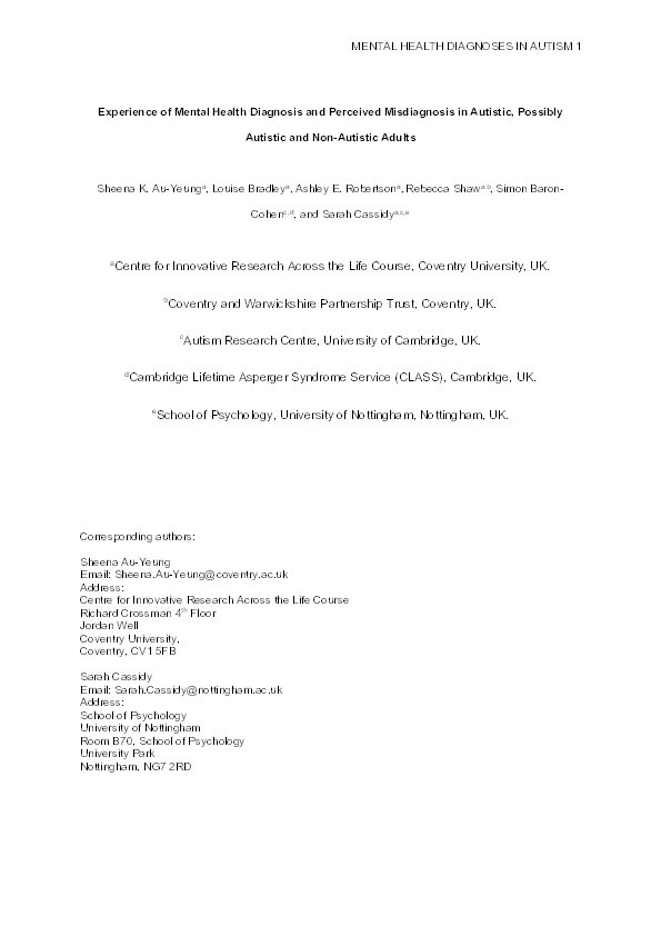 Experience of mental health diagnosis and perceived misdiagnosis in autistic, possibly autistic and non-autistic adults Thumbnail