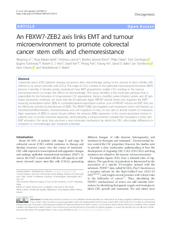 An FBXW7-ZEB2 axis links EMT and tumour microenvironment to promote colorectal cancer stem cells and chemoresistance Thumbnail