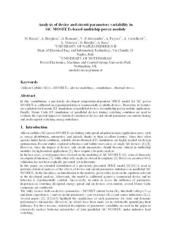 Analysis of device and circuit parameters variability in SiC MOSFETs-based multichip power module Thumbnail