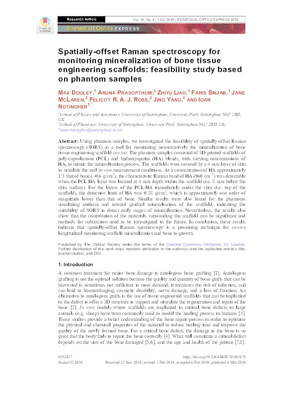 Spatially-offset Raman spectroscopy for monitoring mineralization of bone tissue engineering scaffolds: feasibility study based on phantom samples Thumbnail