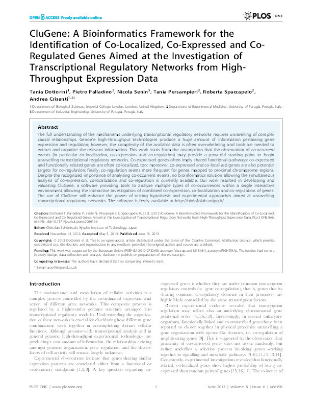 CluGene: A Bioinformatics Framework for the Identification of Co-Localized, Co-Expressed and Co-Regulated Genes Aimed at the Investigation of Transcriptional Regulatory Networks from High-Throughput Expression Data Thumbnail