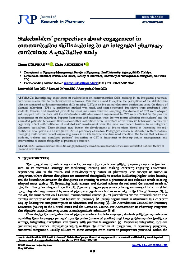 Stakeholders’ perspectives about engagement in communication skills training in an integrated pharmacy curriculum: A qualitative study Thumbnail