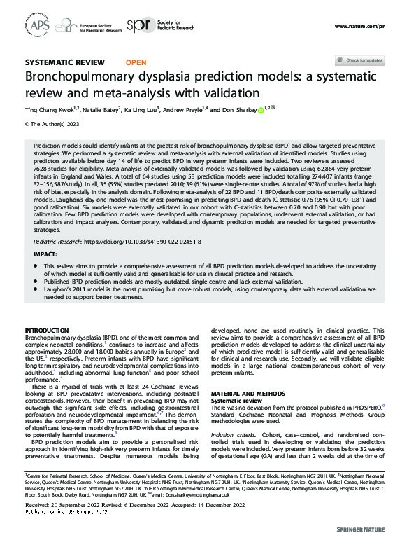 Bronchopulmonary dysplasia prediction models: a systematic review and meta-analysis with validation Thumbnail