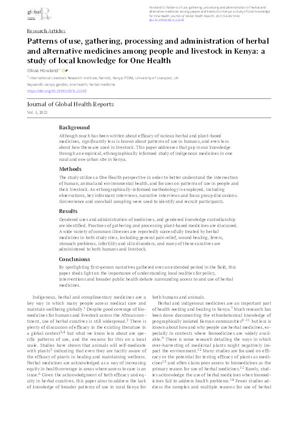 Patterns of use, gathering, processing and administration of herbal and alternative medicines among people and livestock in Kenya: a study of local knowledge for One Health Thumbnail