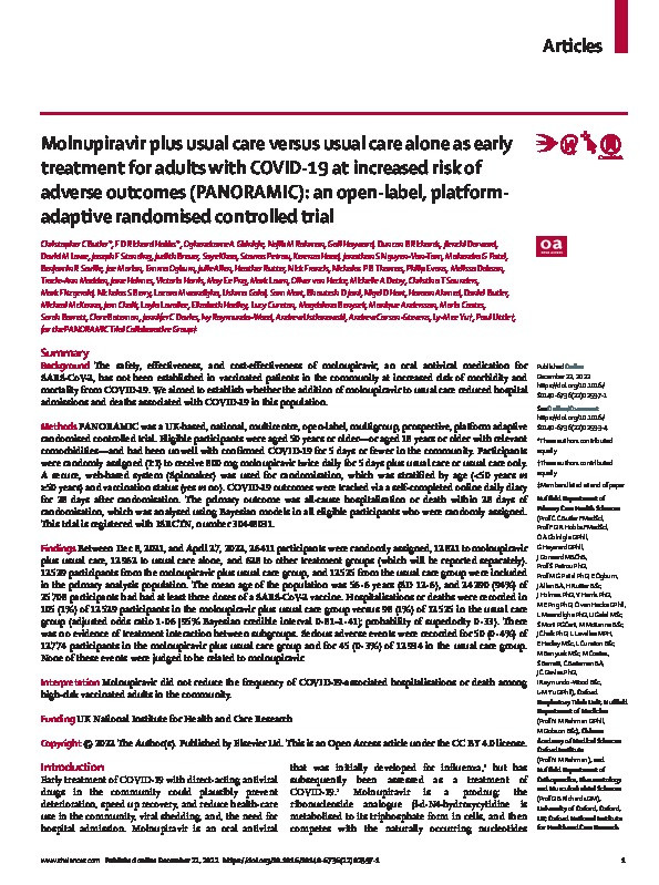 Molnupiravir plus usual care versus usual care alone as early treatment for adults with COVID-19 at increased risk of adverse outcomes (PANORAMIC): an open-label, platform-adaptive randomised controlled trial Thumbnail