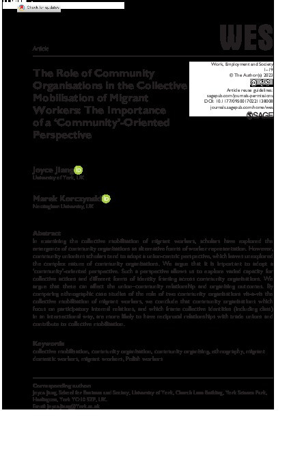 The Role of Community Organisations in the Collective Mobilisation of Migrant Workers: The Importance of a ‘Community’-Oriented Perspective Thumbnail