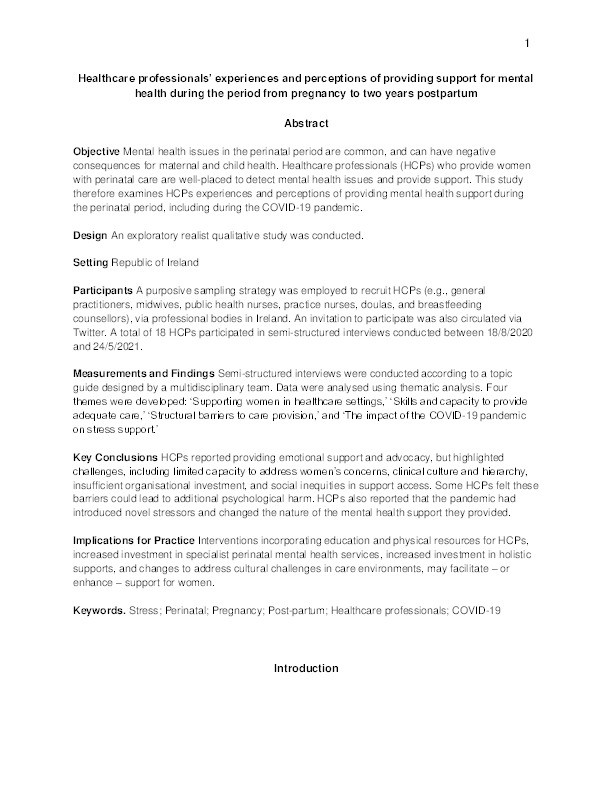 Healthcare professionals’ experiences and perceptions of providing support for mental health during the period from pregnancy to two years postpartum Thumbnail