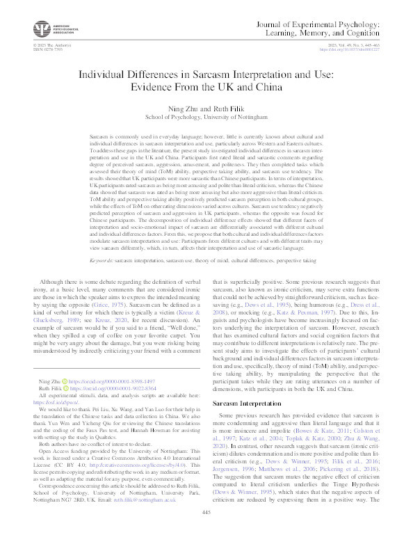 Individual differences in sarcasm interpretation and use: Evidence from the UK and China Thumbnail