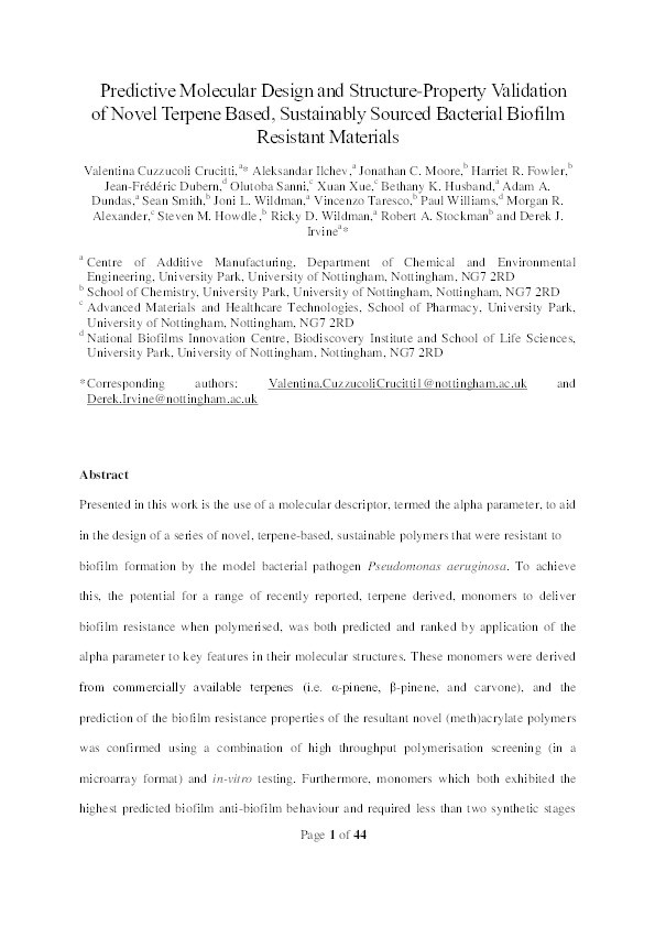 Predictive Molecular Design and Structure–Property Validation of Novel Terpene-Based, Sustainably Sourced Bacterial Biofilm-Resistant Materials Thumbnail