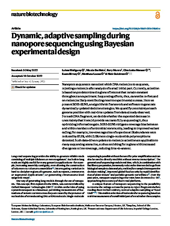 Dynamic, adaptive sampling during nanopore sequencing using Bayesian experimental design Thumbnail