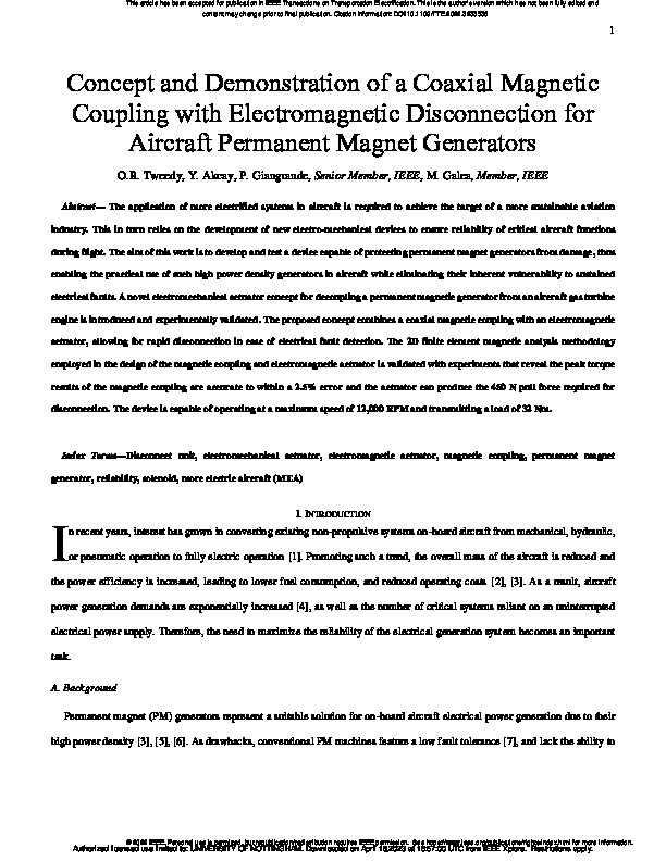 Concept and Demonstration of a Coaxial Magnetic Coupling with Electromagnetic Disconnection for Aircraft Permanent Magnet Generators Thumbnail