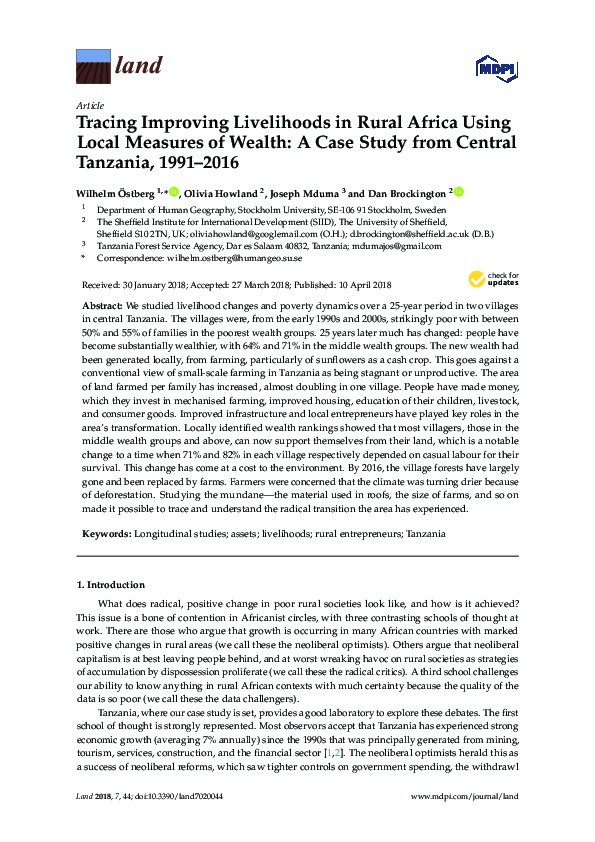 Tracing Improving Livelihoods in Rural Africa Using Local Measures of Wealth: A Case Study from Central Tanzania, 1991–2016 Thumbnail