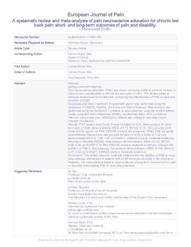 A systematic review and meta-analysis of pain neuroscience education for chronic low back pain: Short-and long-term outcomes of pain and disability Thumbnail