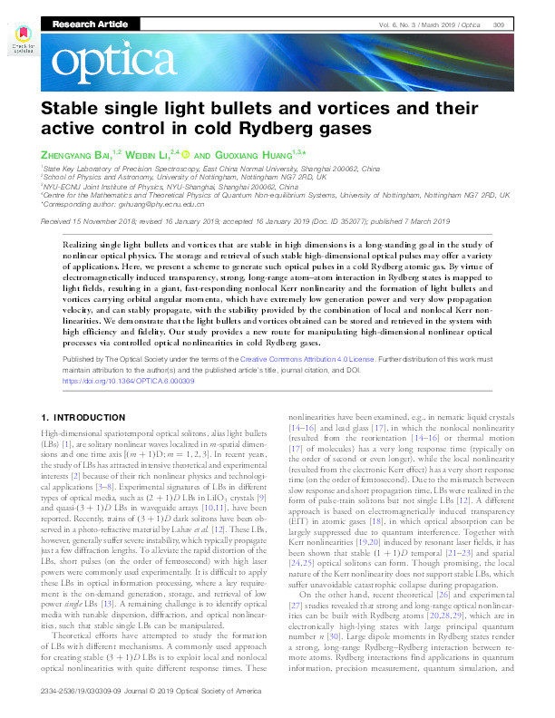 Stable single light bullets and vortices and their active control in cold Rydberg gases Thumbnail