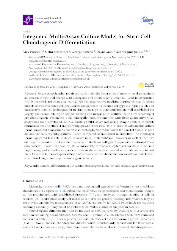 Integrated multi-assay culture model for stem cell chondrogenic differentiation Thumbnail
