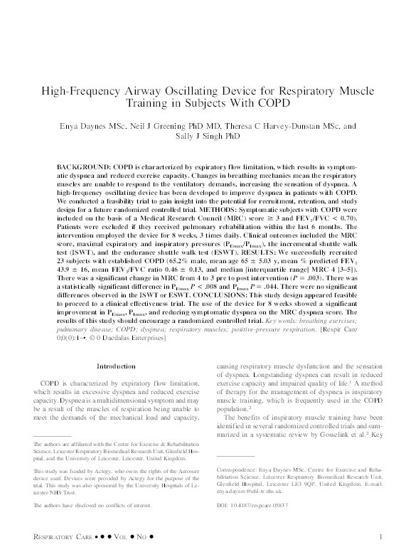 High-frequency airway oscillating device for respiratory muscle training in subjects with COPD Thumbnail