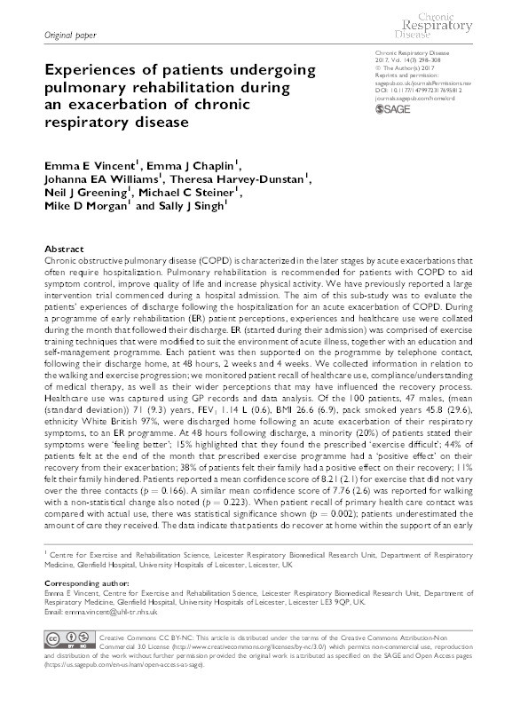 Experiences of patients undergoing pulmonary rehabilitation during an exacerbation of chronic respiratory disease Thumbnail