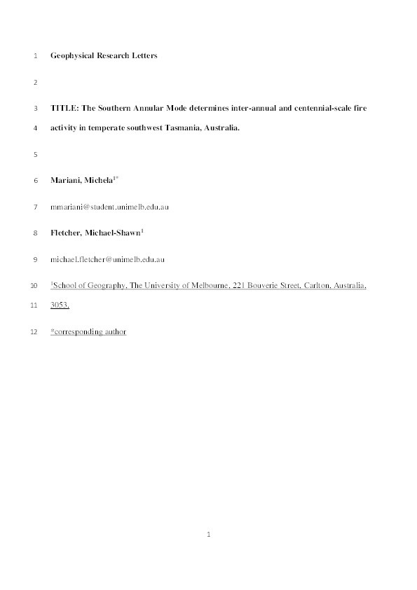 The Southern Annular Mode determines inter-annual and centennial-scale fire activity in temperate southwest Tasmania, Australia Thumbnail