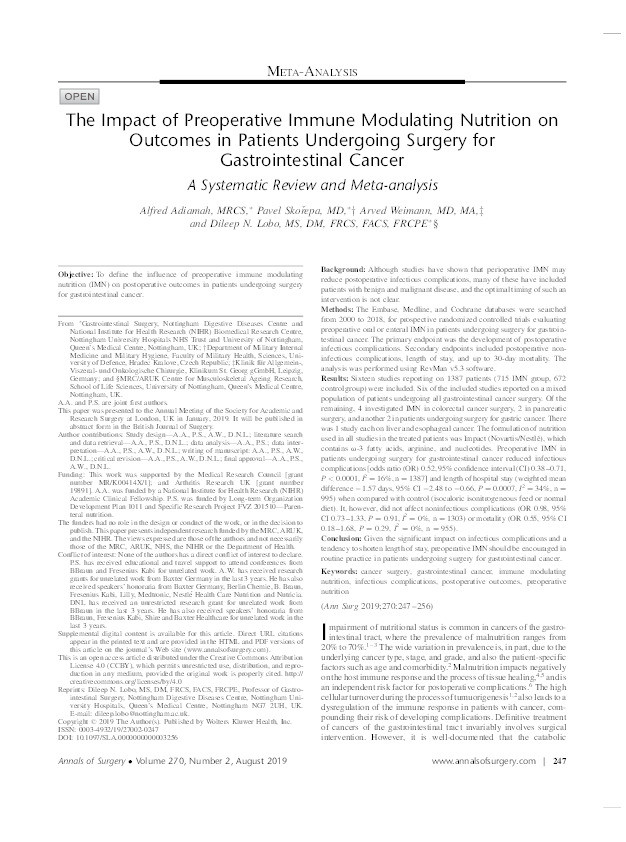 The Impact of Preoperative Immune Modulating Nutrition on Outcomes in Patients Undergoing Surgery for Gastrointestinal Cancer: A Systematic Review and Meta-analysis Thumbnail