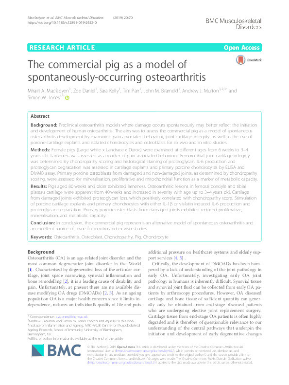 The commercial pig as a model of spontaneously-occurring osteoarthritis Thumbnail