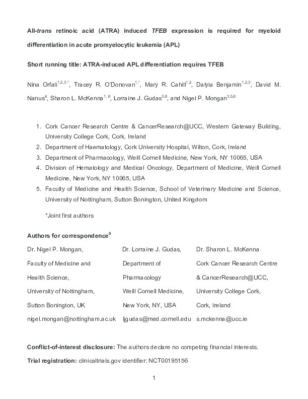 All-trans retinoic acid (ATRA)-induced TFEB expression is required for myeloid differentiation in acute promyelocytic leukemia (APL) Thumbnail