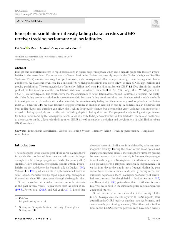 Ionospheric scintillation intensity fading characteristics and GPS receiver tracking performance at low latitudes Thumbnail