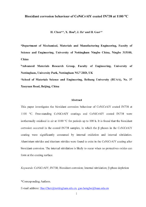 Bioxidant corrosion behaviour of CoNiCrAlY coated IN738 at 1100 °C Thumbnail