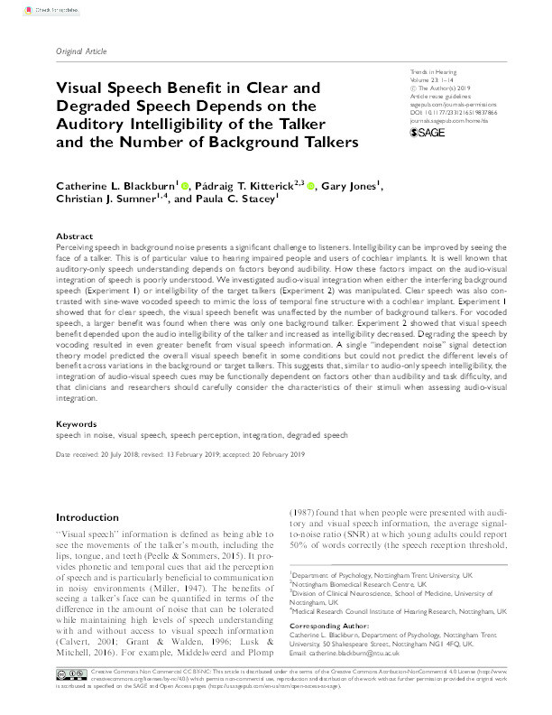 Visual Speech Benefit in Clear and Degraded Speech Depends on the Auditory Intelligibility of the Talker and the Number of Background Talkers Thumbnail
