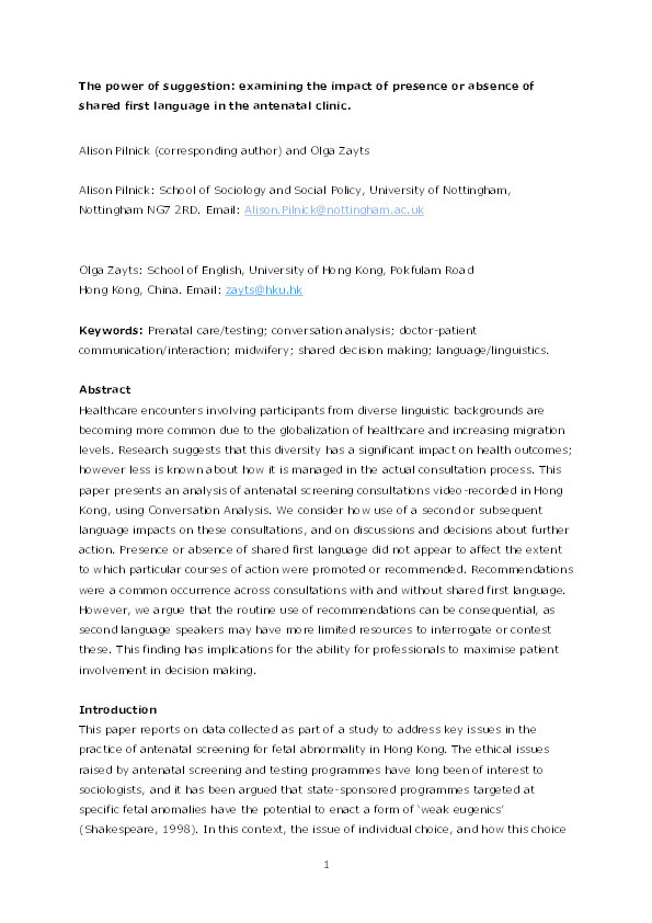 The power of suggestion: examining the impact of presence or absence of shared first language in the antenatal clinic Thumbnail