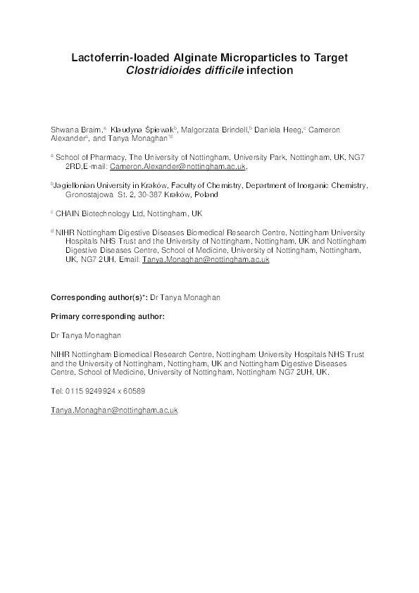 Lactoferrin-Loaded Alginate Microparticles to Target Clostridioides difficile Infection Thumbnail