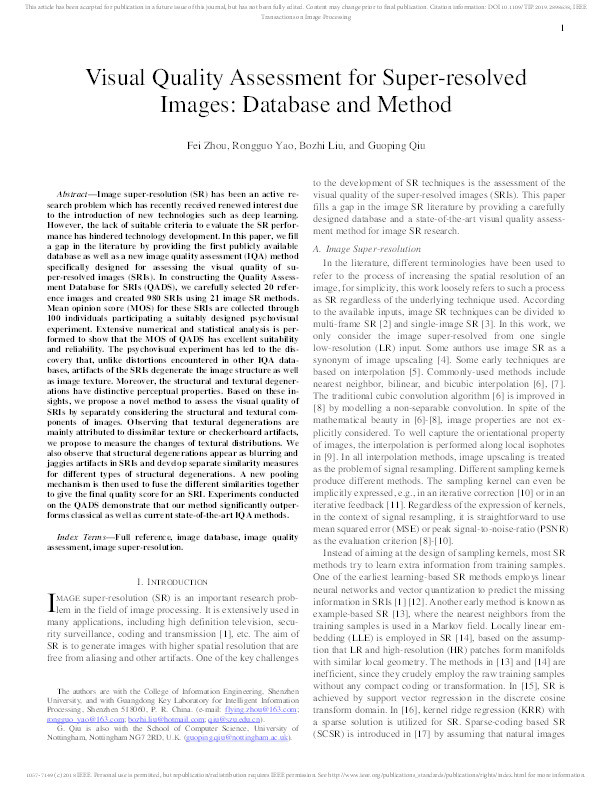 Visual quality assessment for super-resolved images: database and method Thumbnail