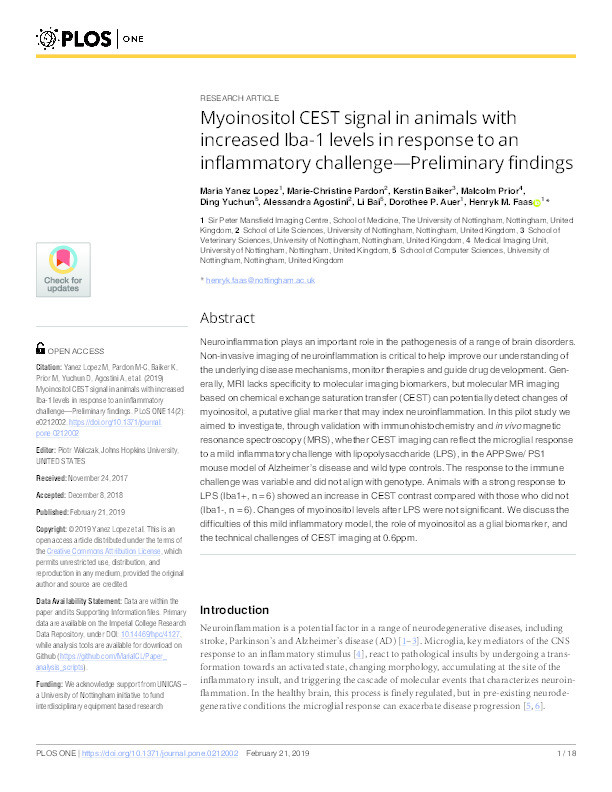 Myoinositol CEST signal in animals with increased Iba-1 levels in response to an inflammatory challenge—Preliminary findings Thumbnail