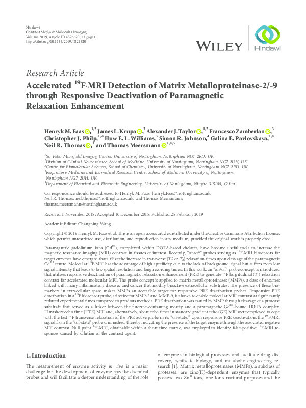 Accelerated 19F·MRI Detection of Matrix Metalloproteinase-2/-9 through Responsive Deactivation of Paramagnetic Relaxation Enhancement Thumbnail