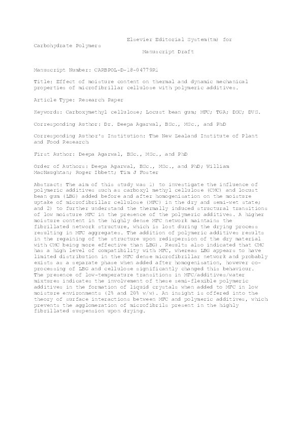 Effect of moisture content on thermal and water absorption properties of microfibrillar cellulose with polymeric additives Thumbnail