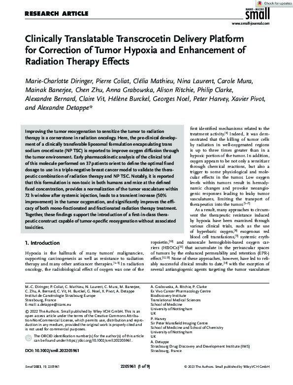 Clinically Translatable Transcrocetin Delivery Platform for Correction of Tumor Hypoxia and Enhancement of Radiation Therapy Effects Thumbnail
