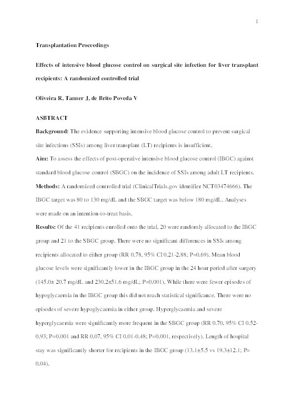 Effects of Intensive Blood Glucose Control on Surgical Site Infection for Liver Transplant Recipients: A Randomized Controlled Trial Thumbnail
