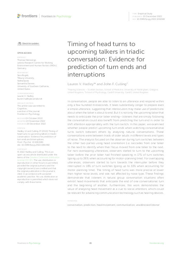 Timing of head turns to upcoming talkers in triadic conversation: Evidence for prediction of turn ends and interruptions Thumbnail