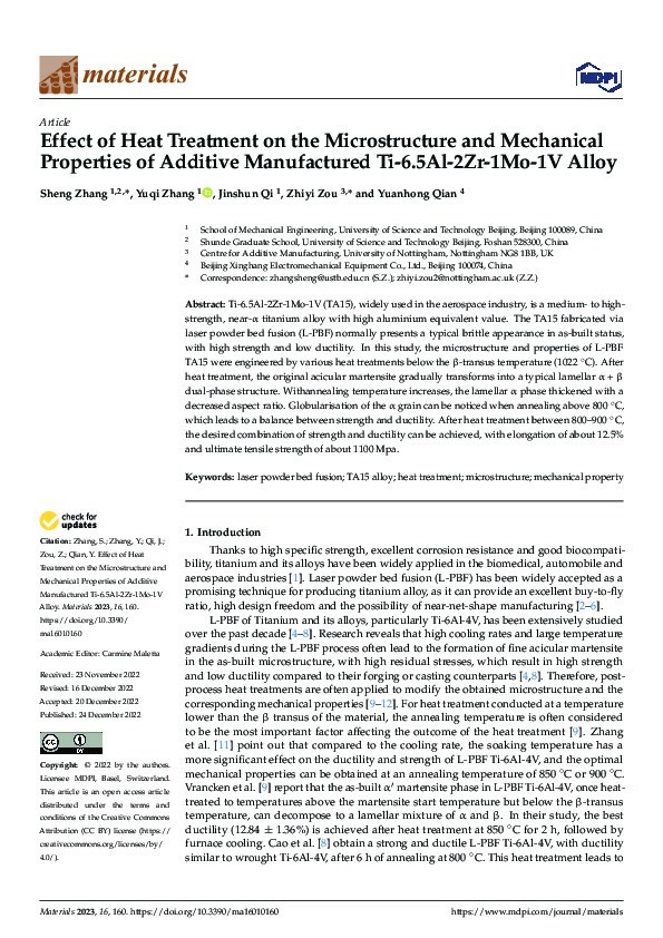Effect of Heat Treatment on the Microstructure and Mechanical Properties of Additive Manufactured Ti-6.5Al-2Zr-1Mo-1V Alloy Thumbnail
