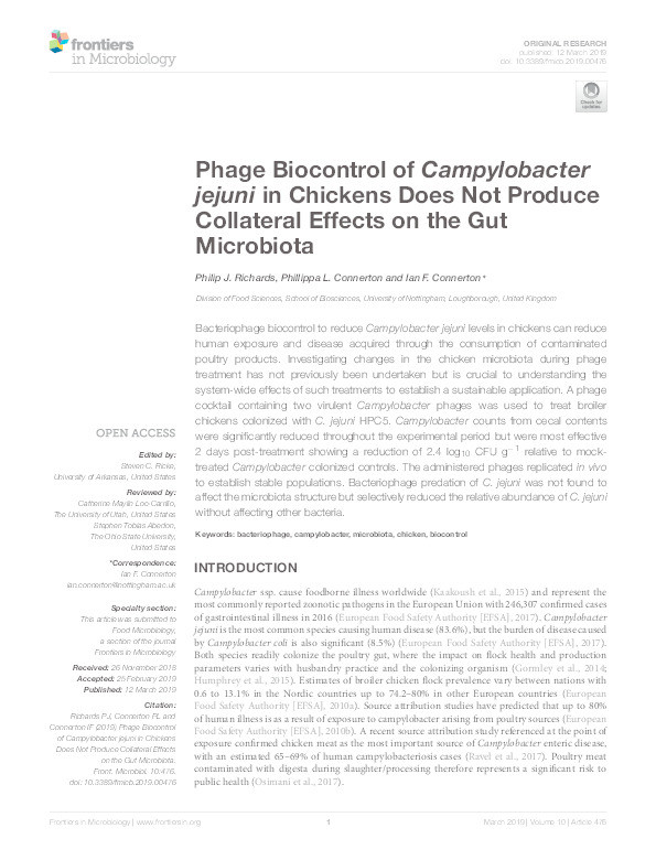 Phage control of Campylobacter jejuni in chickens does not produce collateral effects on the gut microbiota Thumbnail