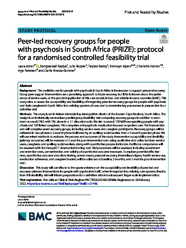 Peer-led recovery groups for people with psychosis in South Africa (PRIZE): protocol for a randomized controlled feasibility trial Thumbnail