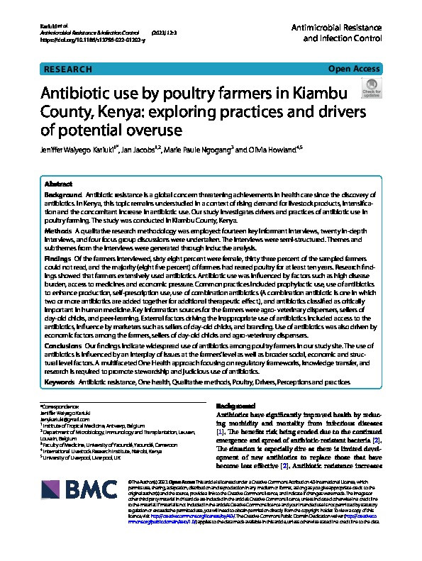 Antibiotic use by poultry farmers in Kiambu County, Kenya: exploring practices and drivers of potential overuse Thumbnail