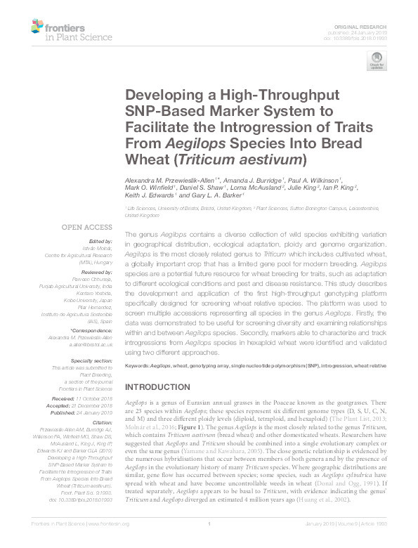 Developing a high-throughput SNP-based marker system to facilitate the introgression of traits from Aegilops species into bread wheat (Triticum aestivum) Thumbnail